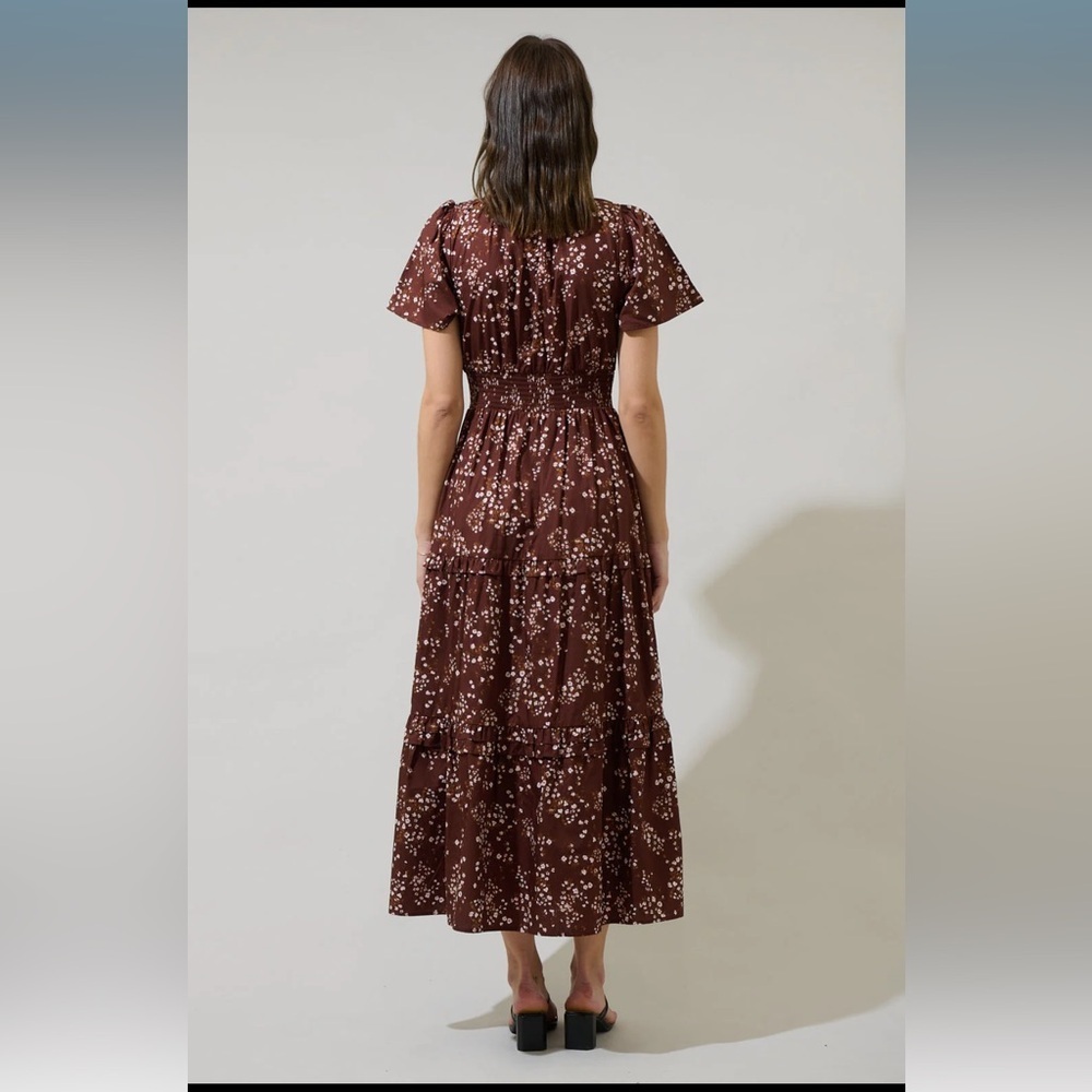 SugarLips Palmer Poplin Tiered Maxi Dress Brown - Picture 3 of 8
